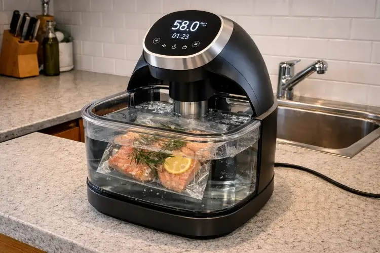 une main tien une poêle avec des aliment qui brule sans respecter les aliment et le cuisson basse température