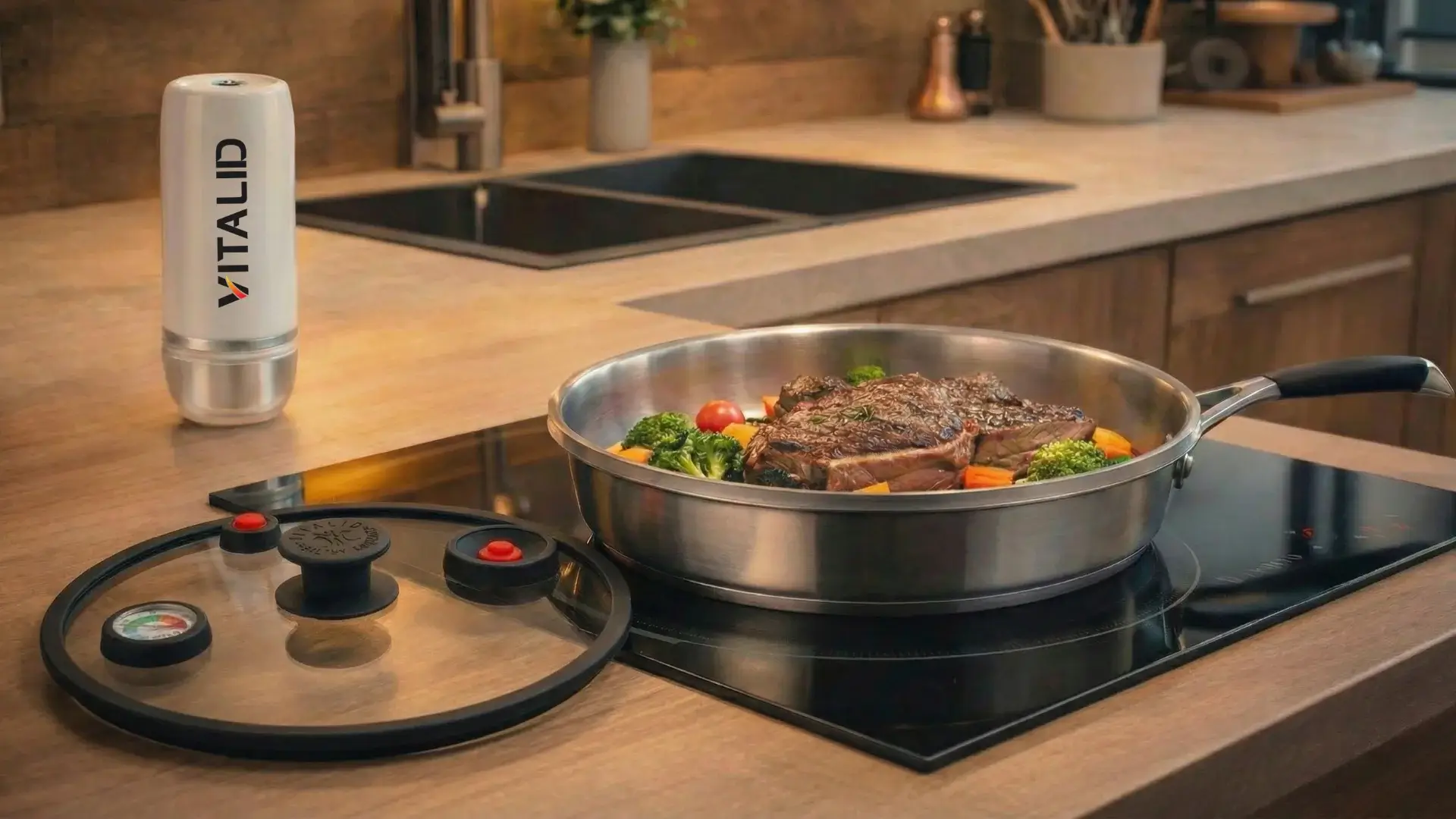 poêle, couvercle et pompe constituant la methode de cuisson basse température sous dépression<br />
