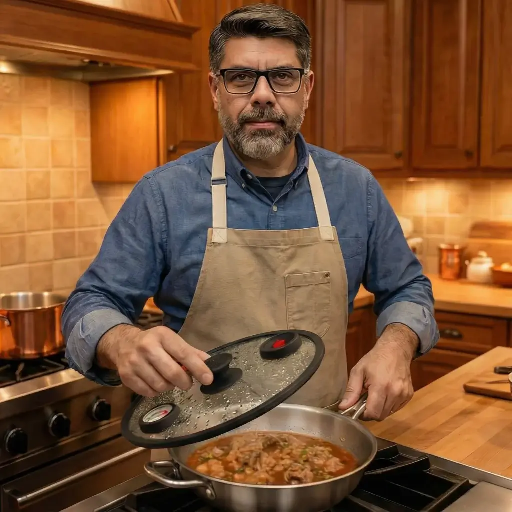 cuisinier dans une cuisine temant un poele utilisant la méthode de cuisson basse temperature