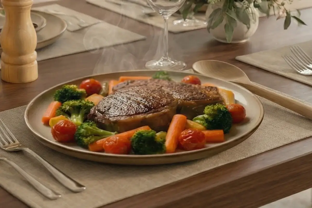 Repas servi danss une assiète avec une cuissonbasse temperature sous depression Vitalid<br />
