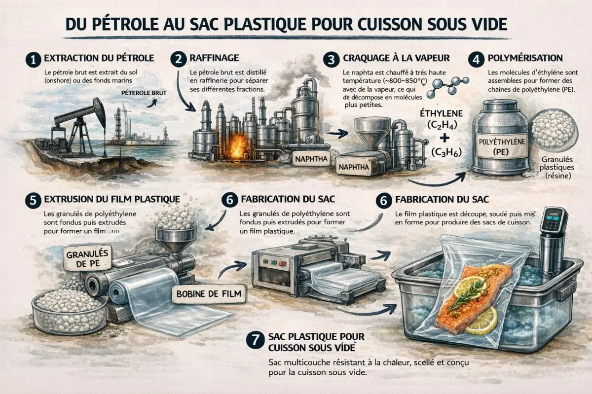 fabrication sac plastique cuisson sous vide à partir du pétrole étapes raffinage polymérisation extrusion film plastique