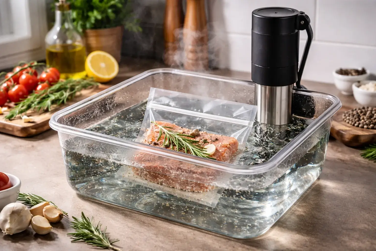 utstensile pour la cuisson sous vide posé sur un plan de travail de cuisine