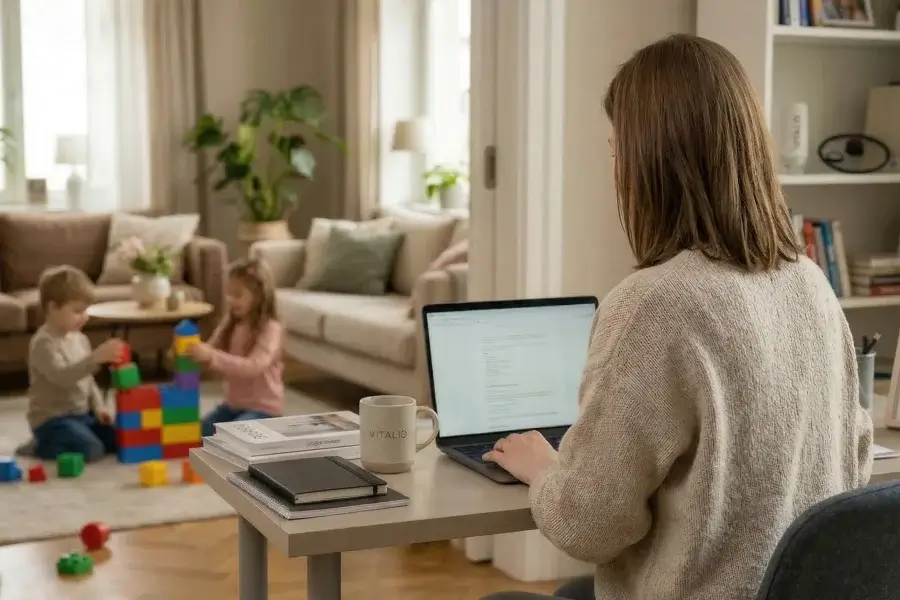recrutement-vendeur-independement-vitalid personne travaillant derière sont bureau pendant que ses enfants joue dans le salons en temps que vendeuse indépendante pour vitalid