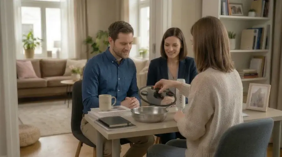 recrutement-vitalid-presentation une personne réalisant une presentation d'un produit vitalid devant deux autres personne lors d'une activité indépendante